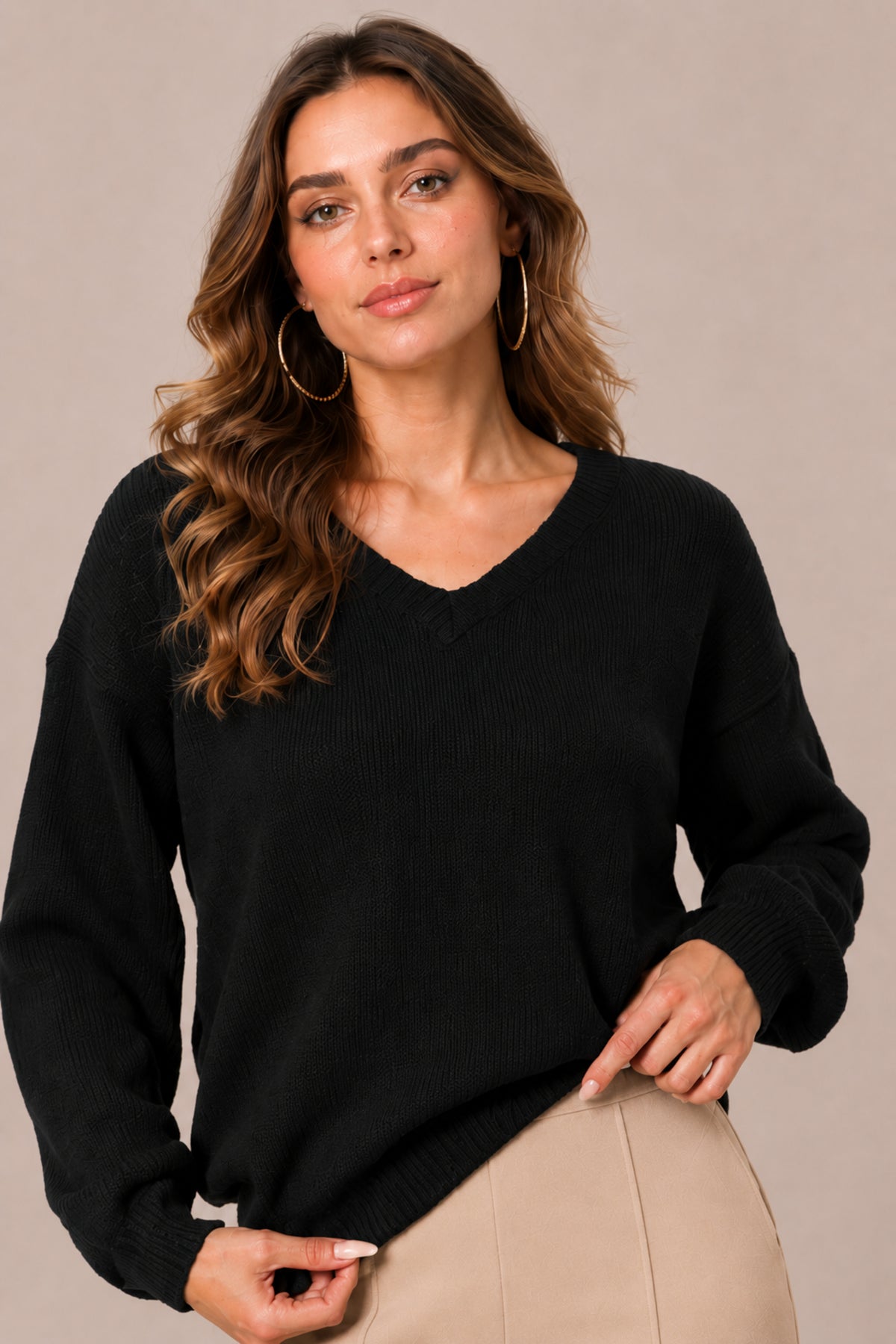 V Neck Knitted Jumper Soft Relaxed Fit Winter Sweater Top