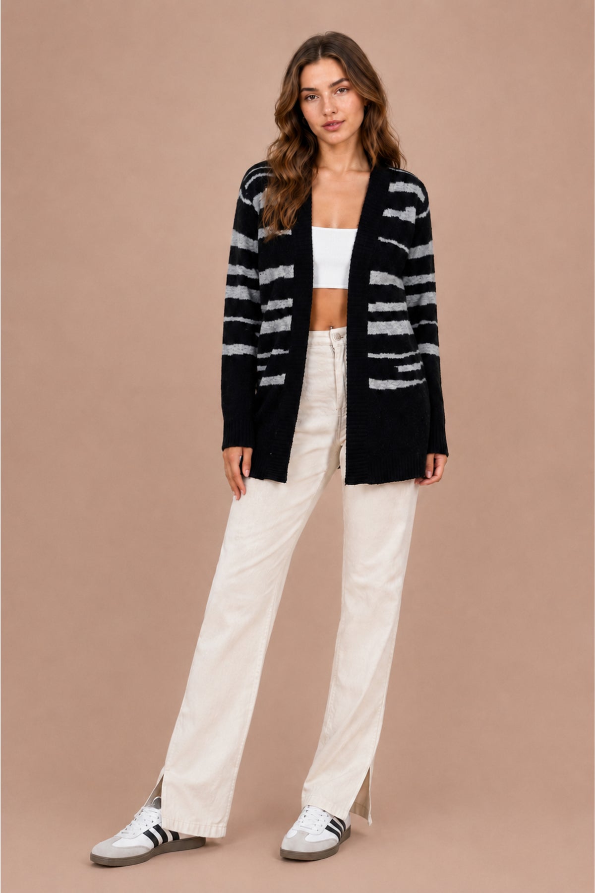 Striped Open Front Longline Knitted Cardigan Relaxed Fit
