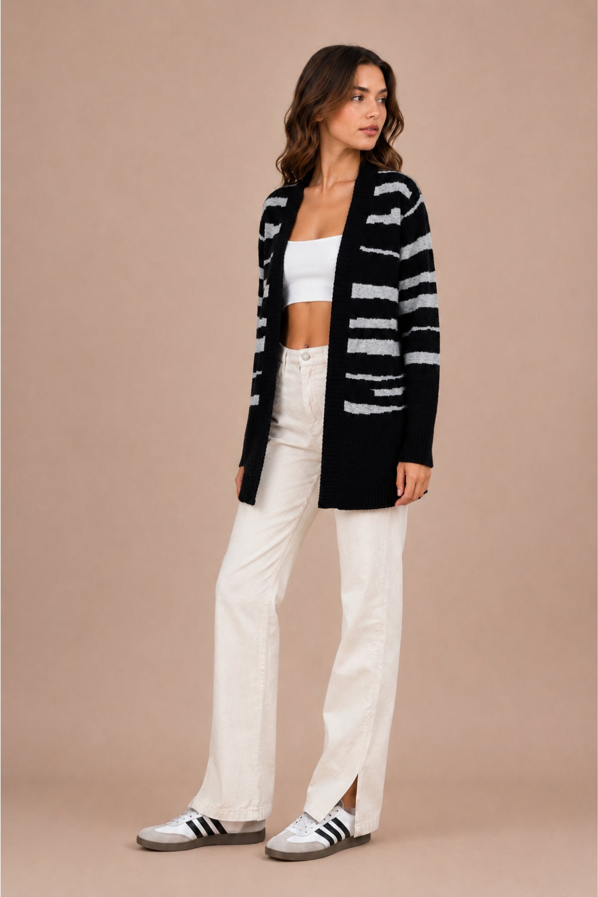 Striped Open Front Longline Knitted Cardigan Relaxed Fit