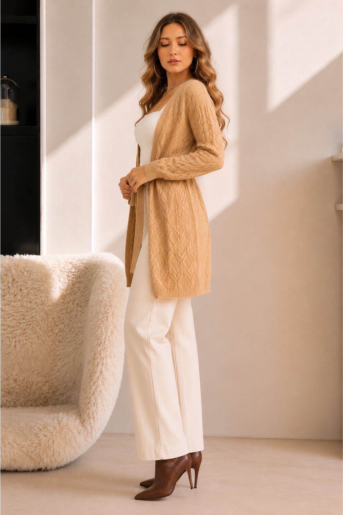 Belted Open Front Longline Knitted Cardigan Relaxed Fit