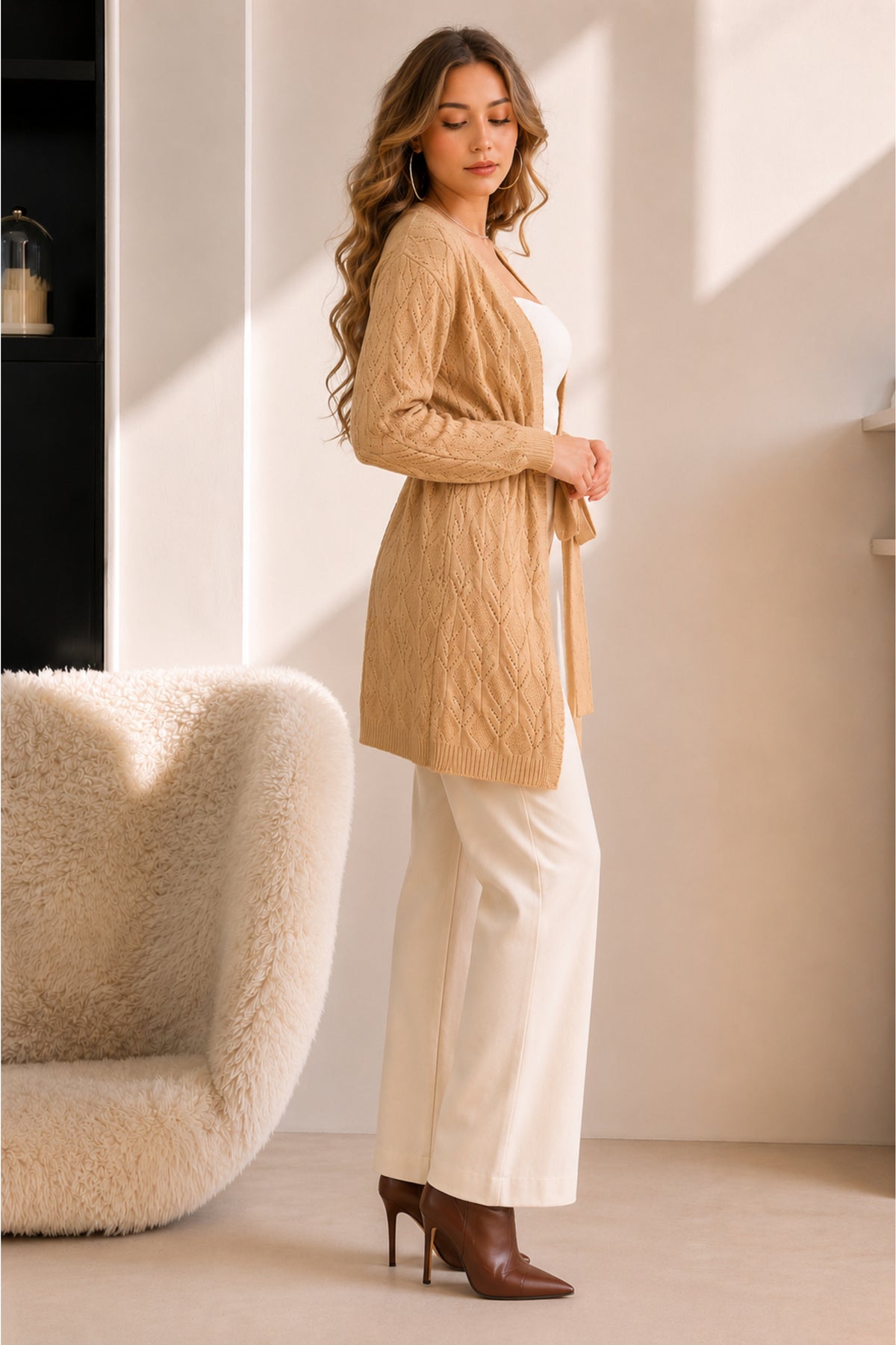 Belted Open Front Longline Knitted Cardigan Relaxed Fit