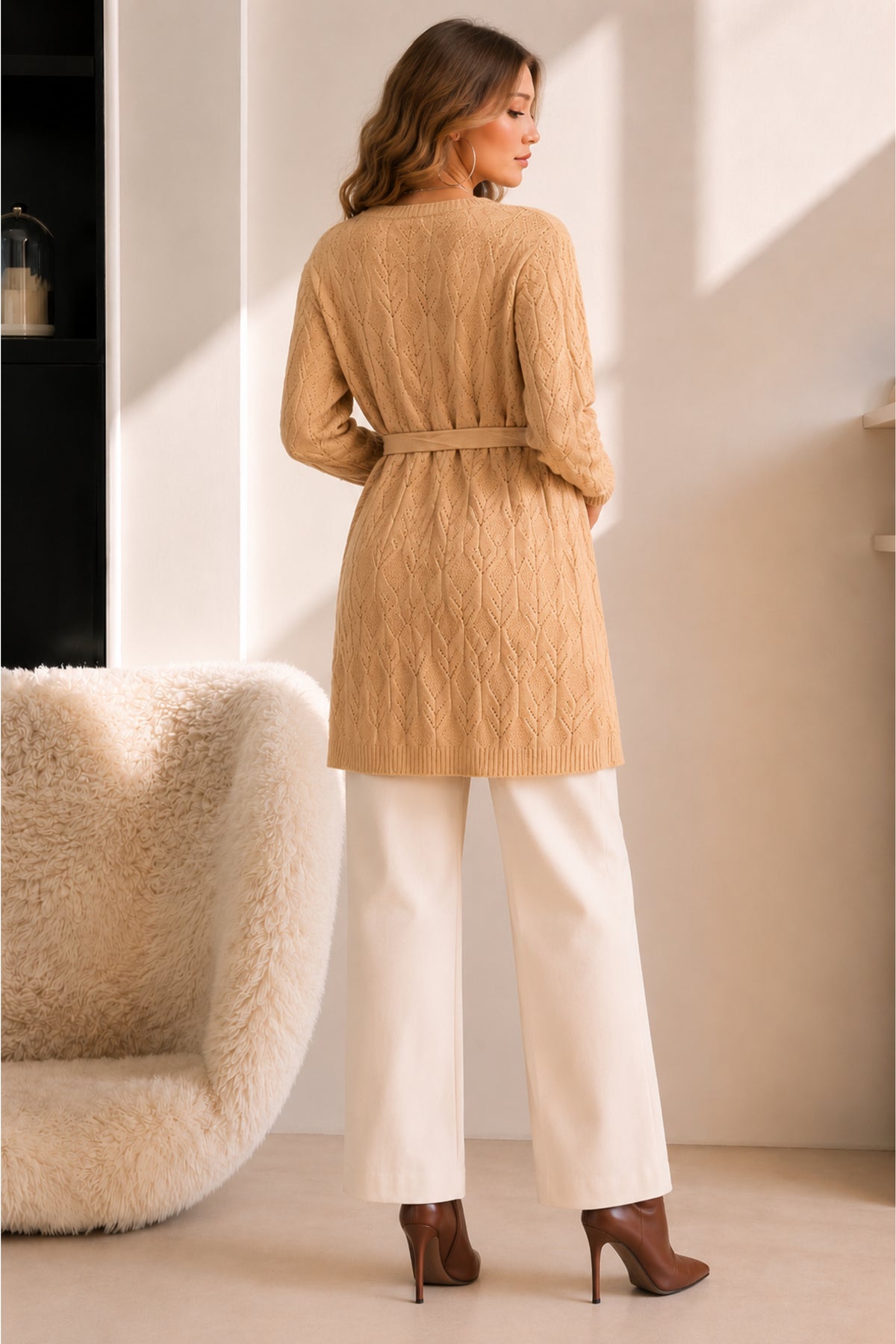 Belted Open Front Longline Knitted Cardigan Relaxed Fit