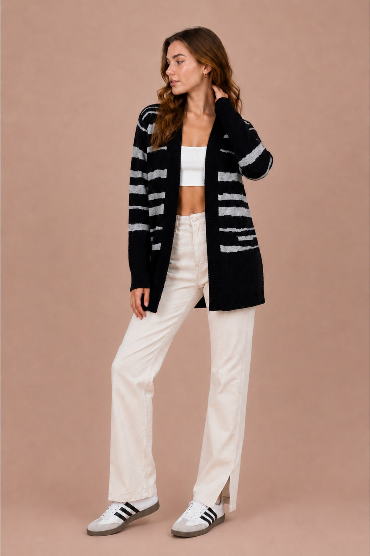Striped Open Front Longline Knitted Cardigan Relaxed Fit