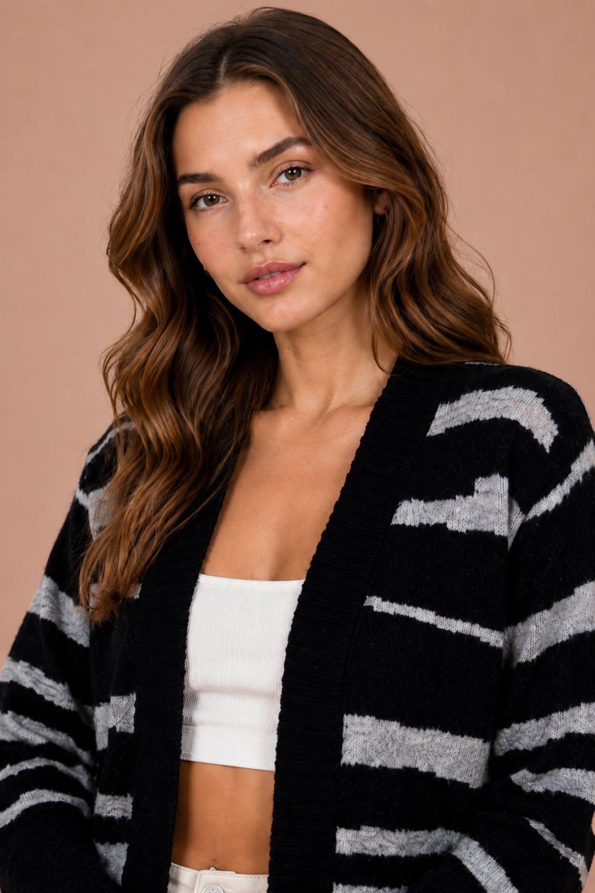 Striped Open Front Longline Knitted Cardigan Relaxed Fit