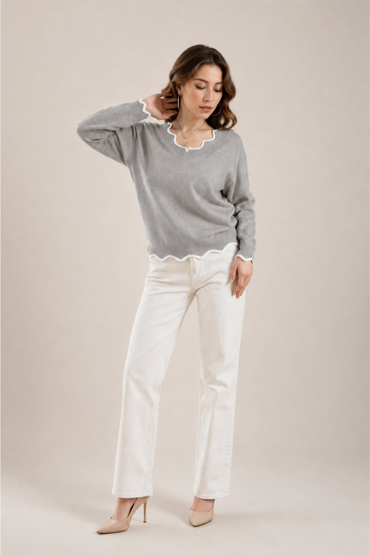 Scallop Trim V Neck Knitted Jumper Soft Everyday Sweater