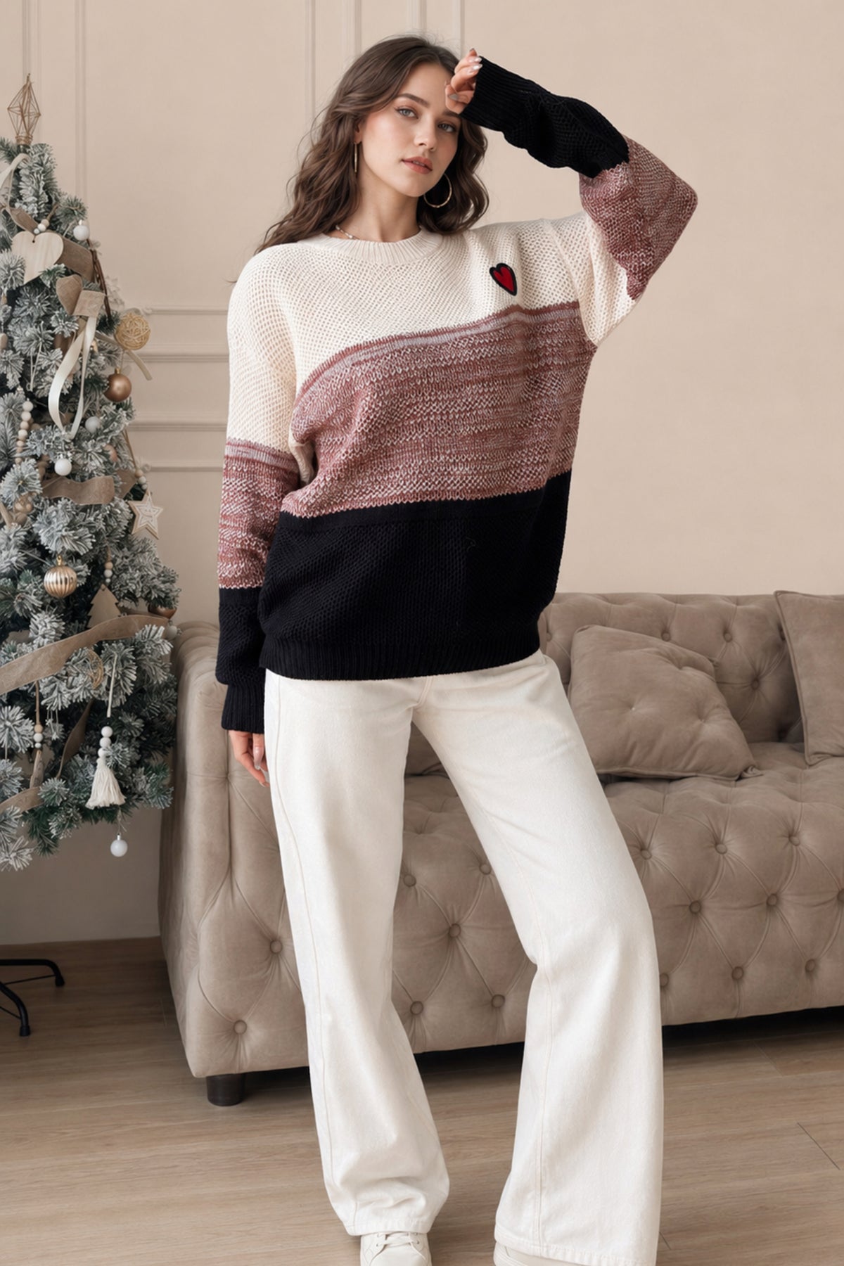 Colour Block Heart Detail Knitted Jumper Soft Winter Sweater