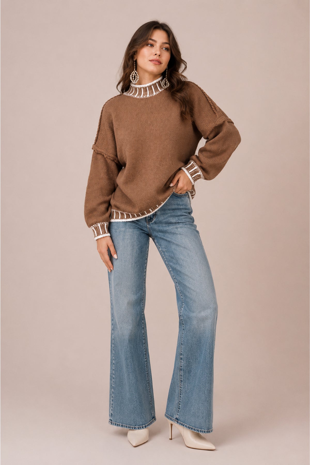 Contrast Trim High Neck Knitted Jumper Soft Winter Pullover