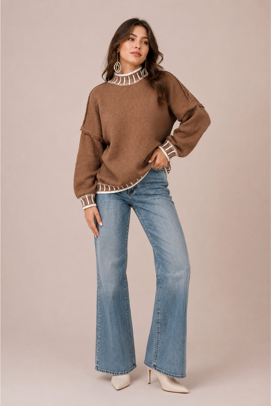 Contrast Trim High Neck Knitted Jumper Soft Winter Pullover