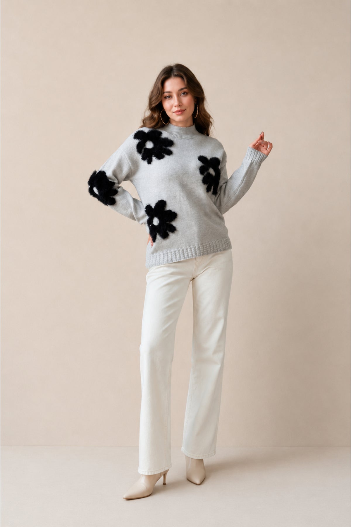 Floral Applique High Neck Knitted Jumper Soft Winter Sweater