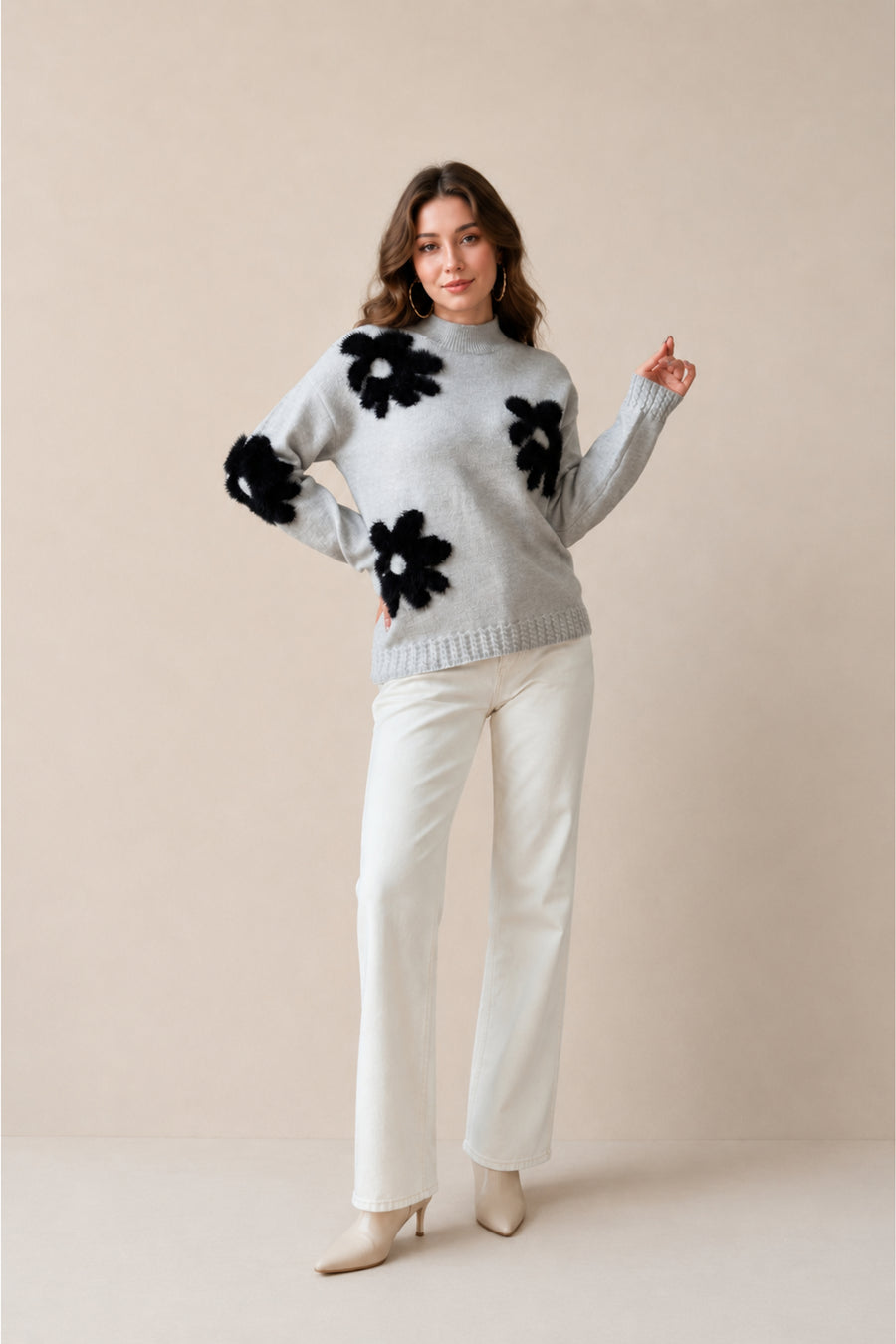 Floral Applique High Neck Knitted Jumper Soft Winter Sweater