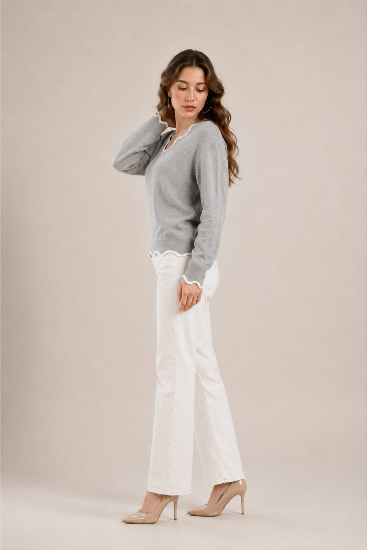 Scallop Trim V Neck Knitted Jumper Soft Everyday Sweater