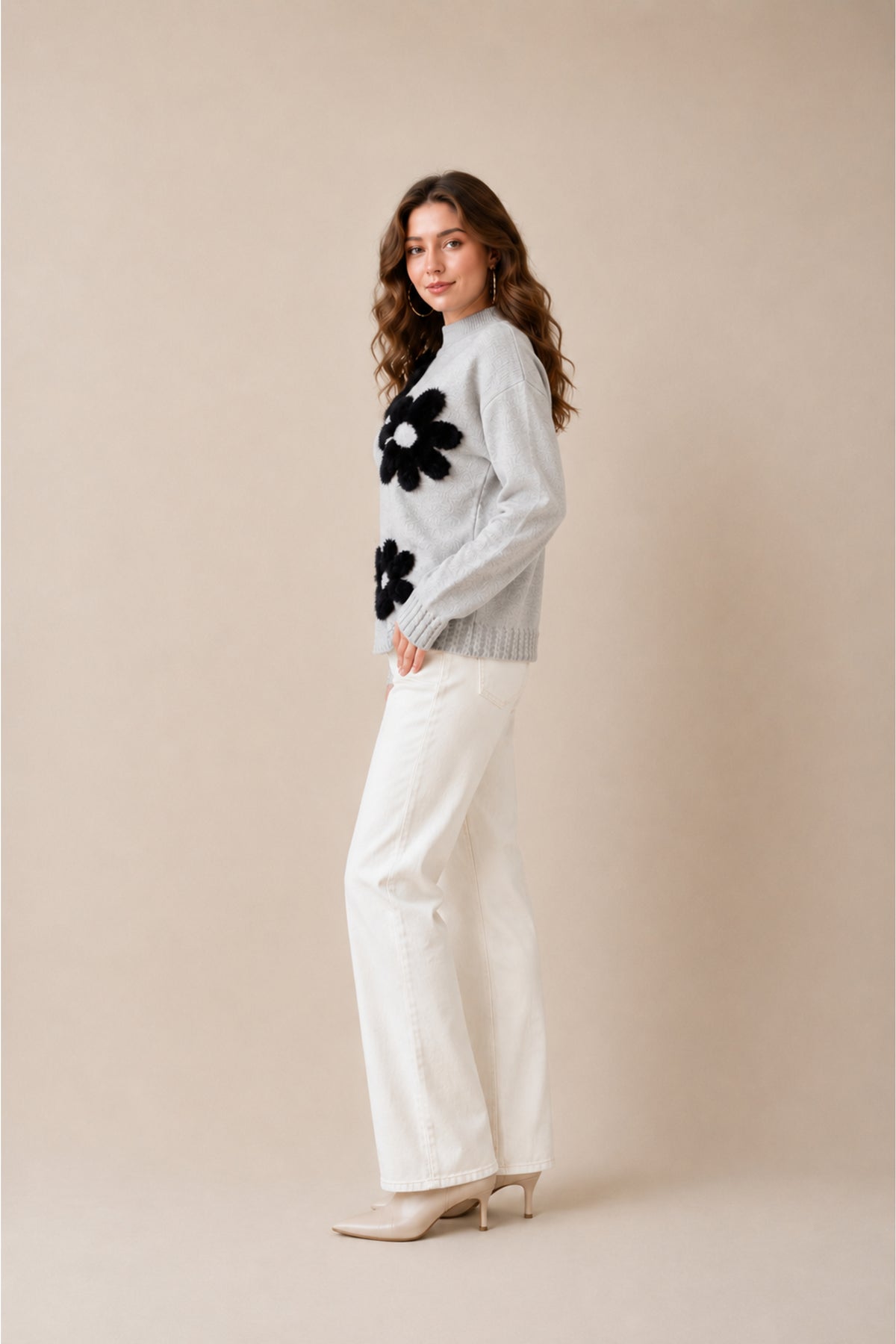 Floral Applique High Neck Knitted Jumper Soft Winter Sweater