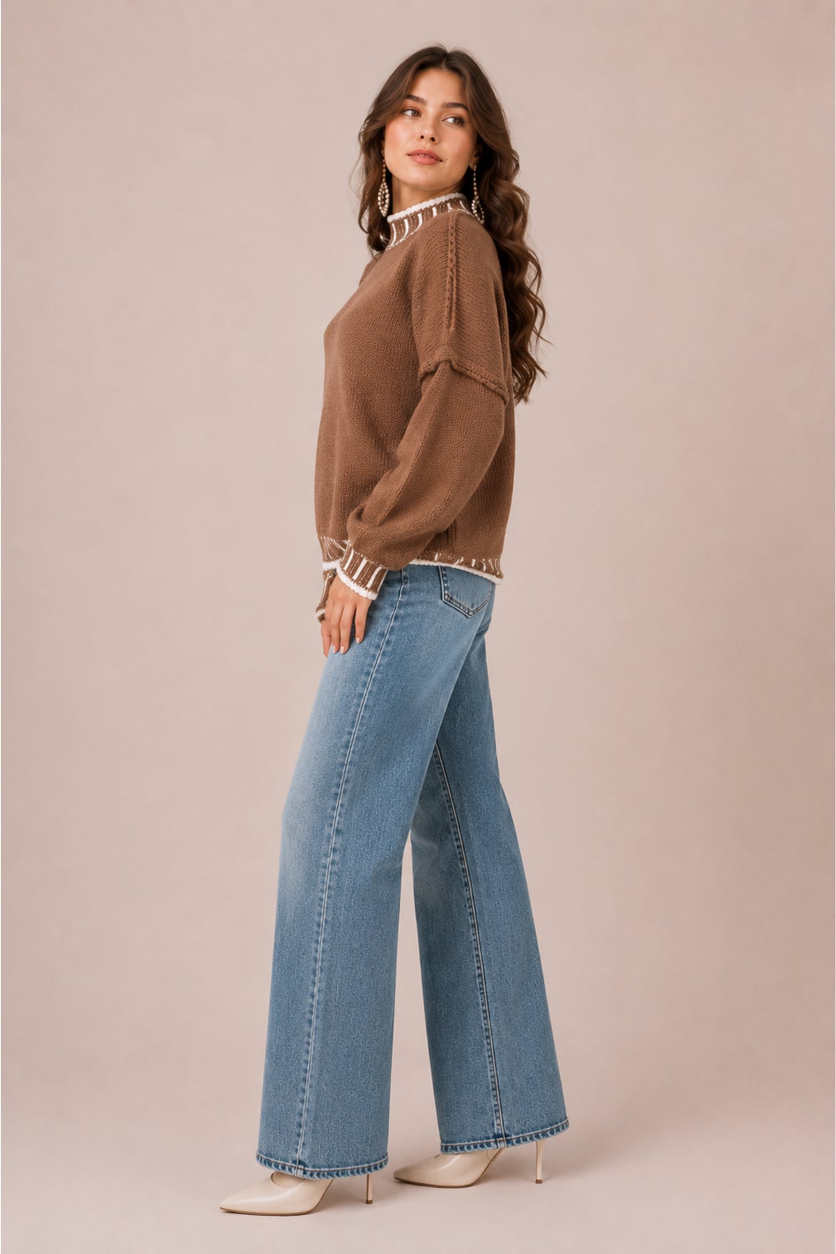 Contrast Trim High Neck Knitted Jumper Soft Winter Pullover