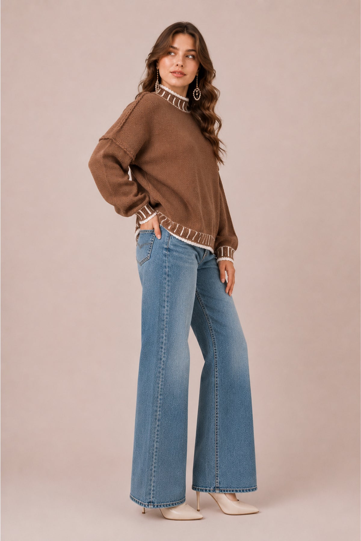 Contrast Trim High Neck Knitted Jumper Soft Winter Pullover