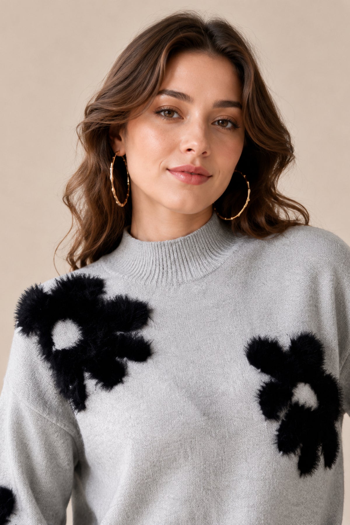 Floral Applique High Neck Knitted Jumper Soft Winter Sweater