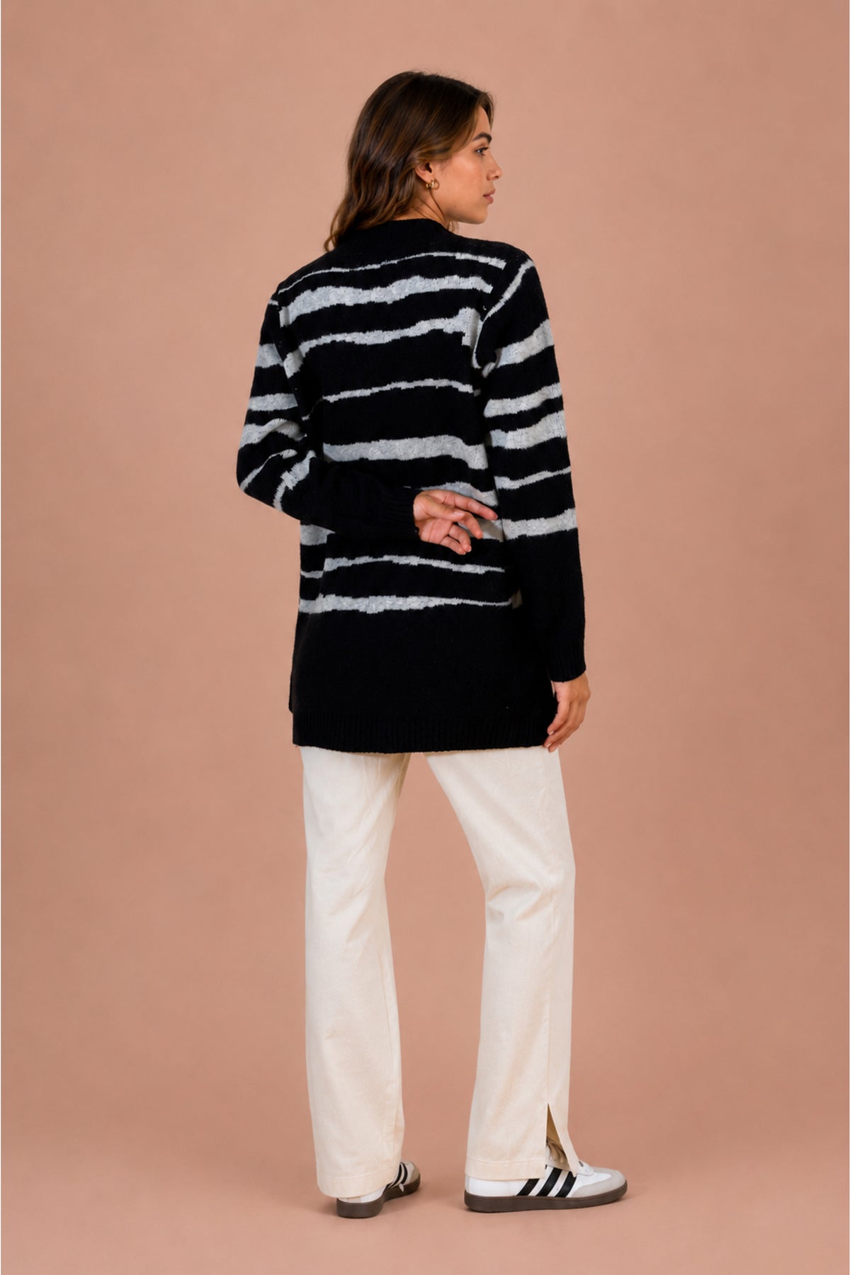 Striped Open Front Longline Knitted Cardigan Relaxed Fit