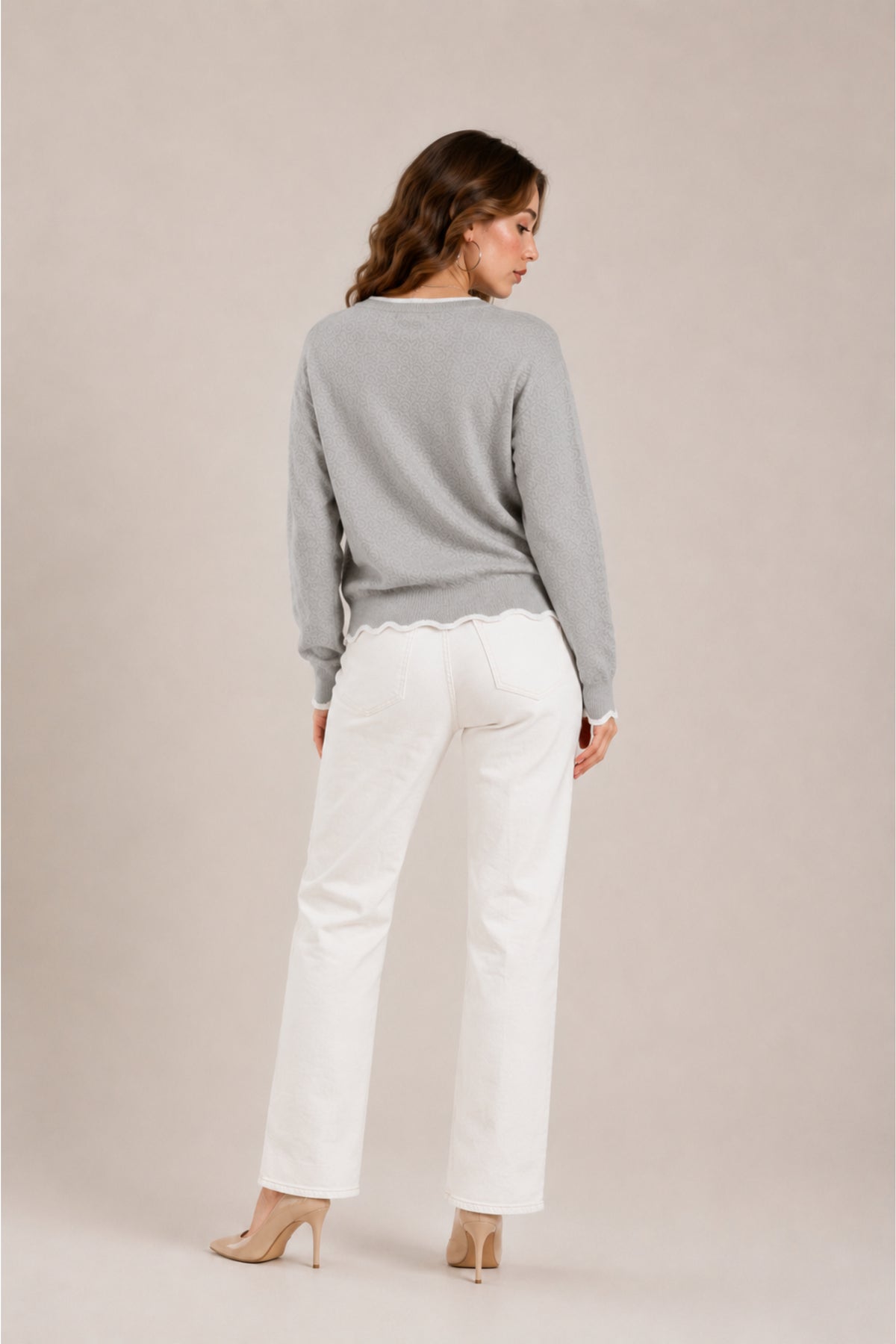 Scallop Trim V Neck Knitted Jumper Soft Everyday Sweater