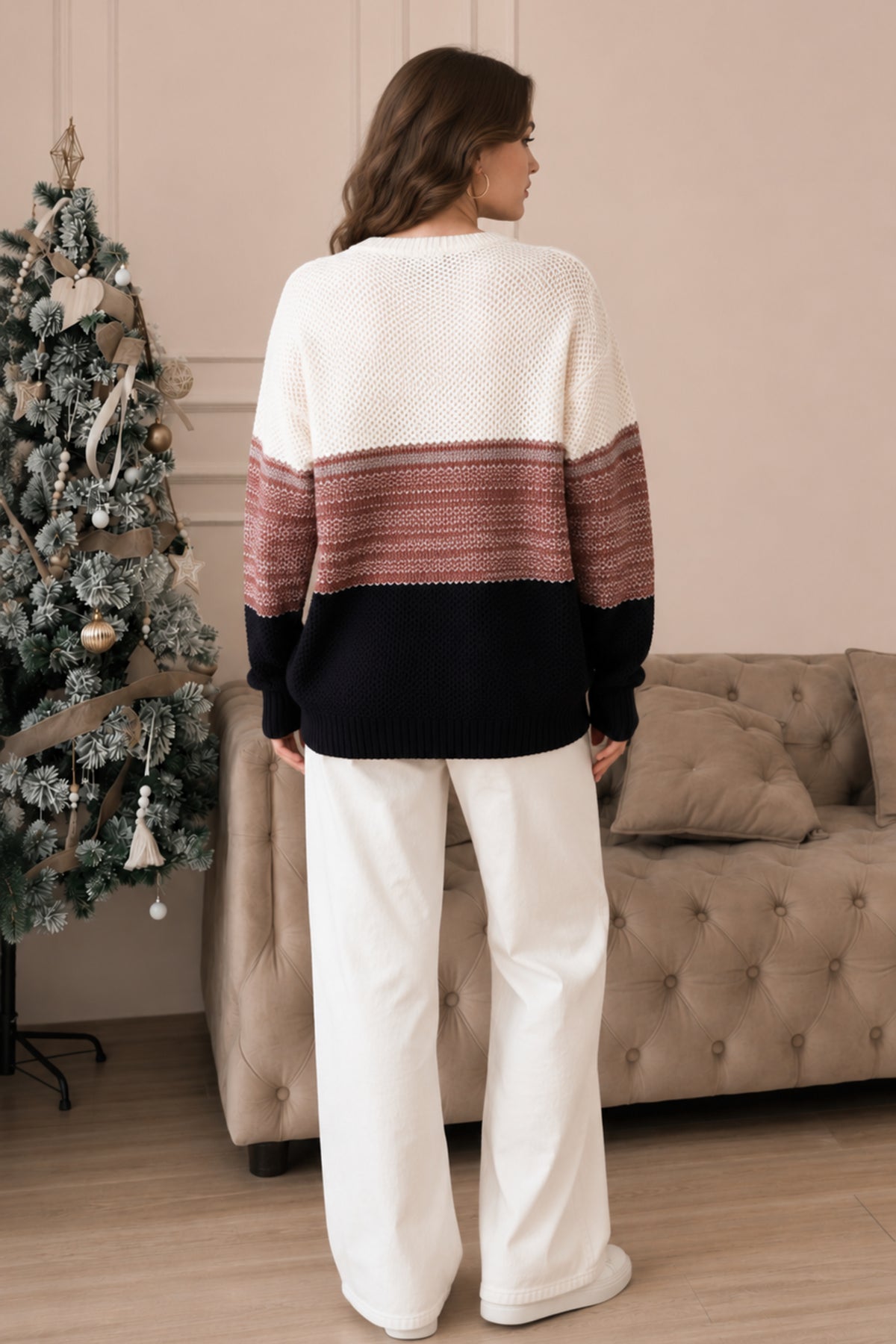 Colour Block Heart Detail Knitted Jumper Soft Winter Sweater