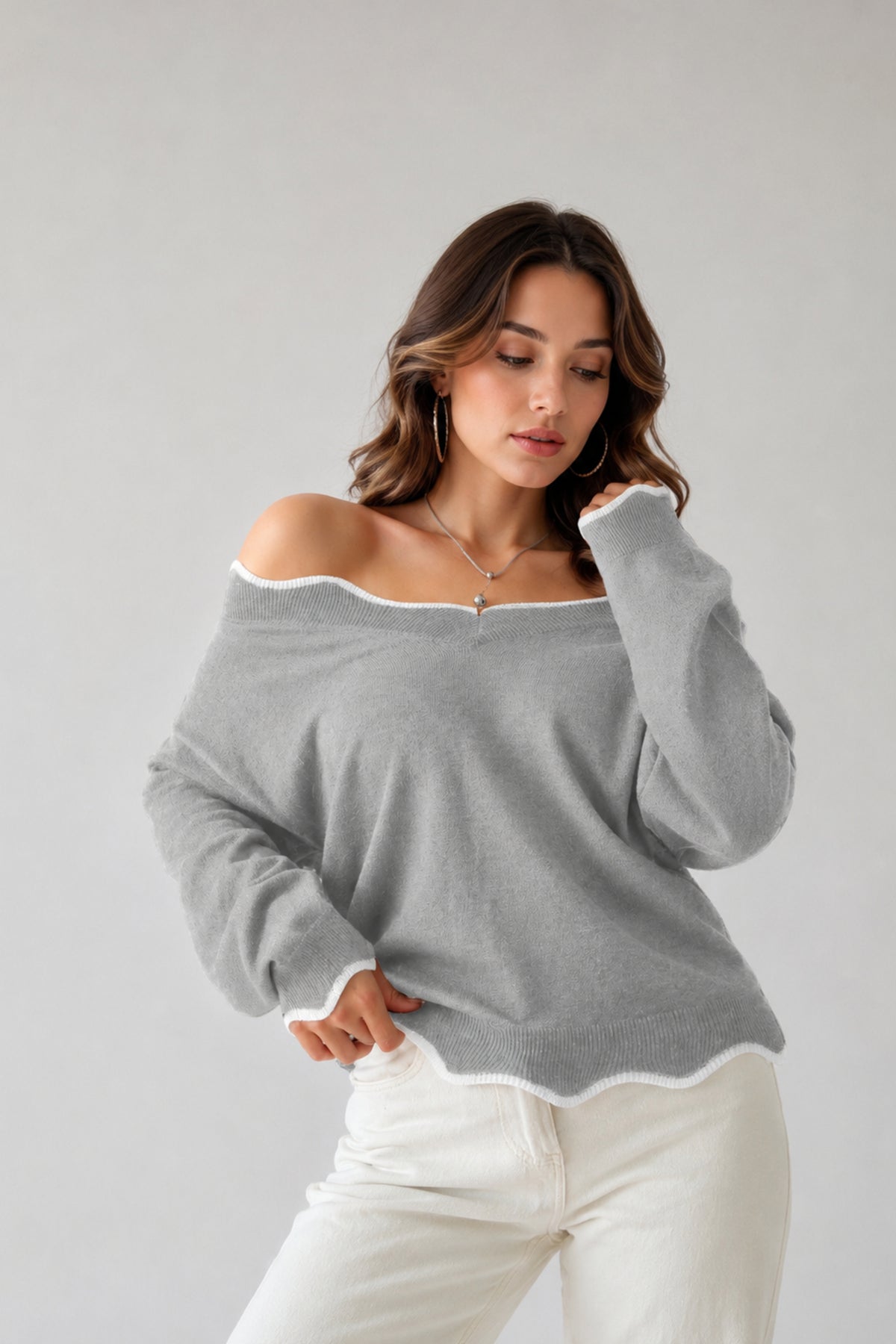 Scallop Trim V Neck Knitted Jumper Soft Everyday Sweater