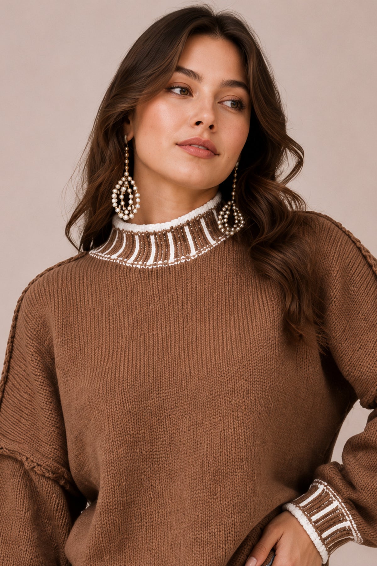 Contrast Trim High Neck Knitted Jumper Soft Winter Pullover