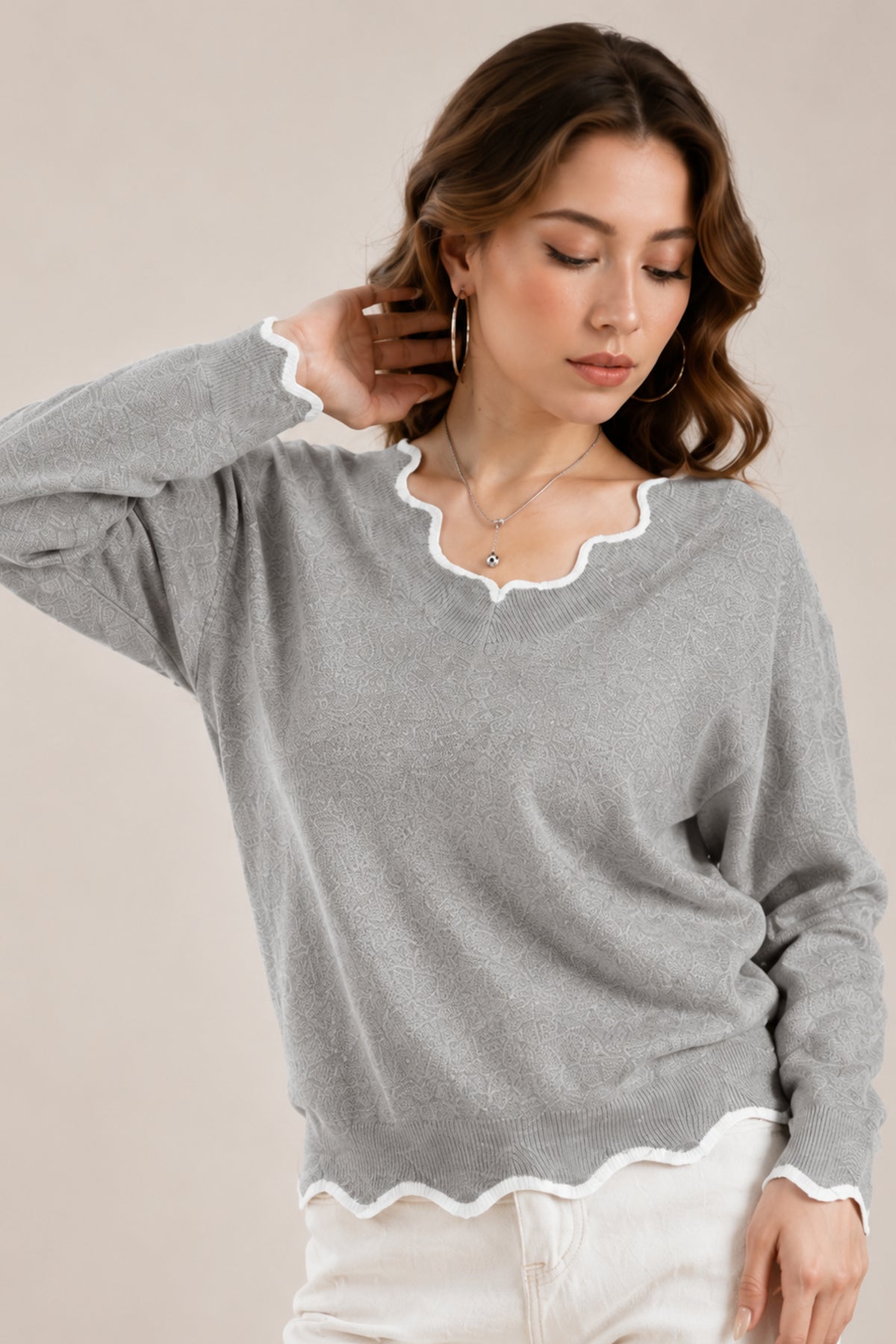 Scallop Trim V Neck Knitted Jumper Soft Everyday Sweater