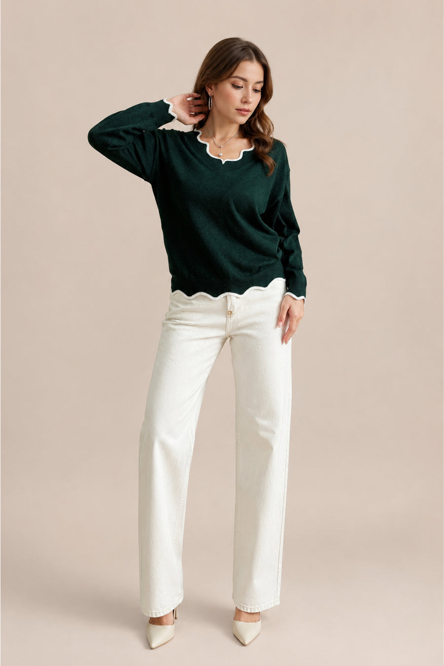 Scallop Trim V Neck Knitted Jumper Soft Winter Sweater Fit
