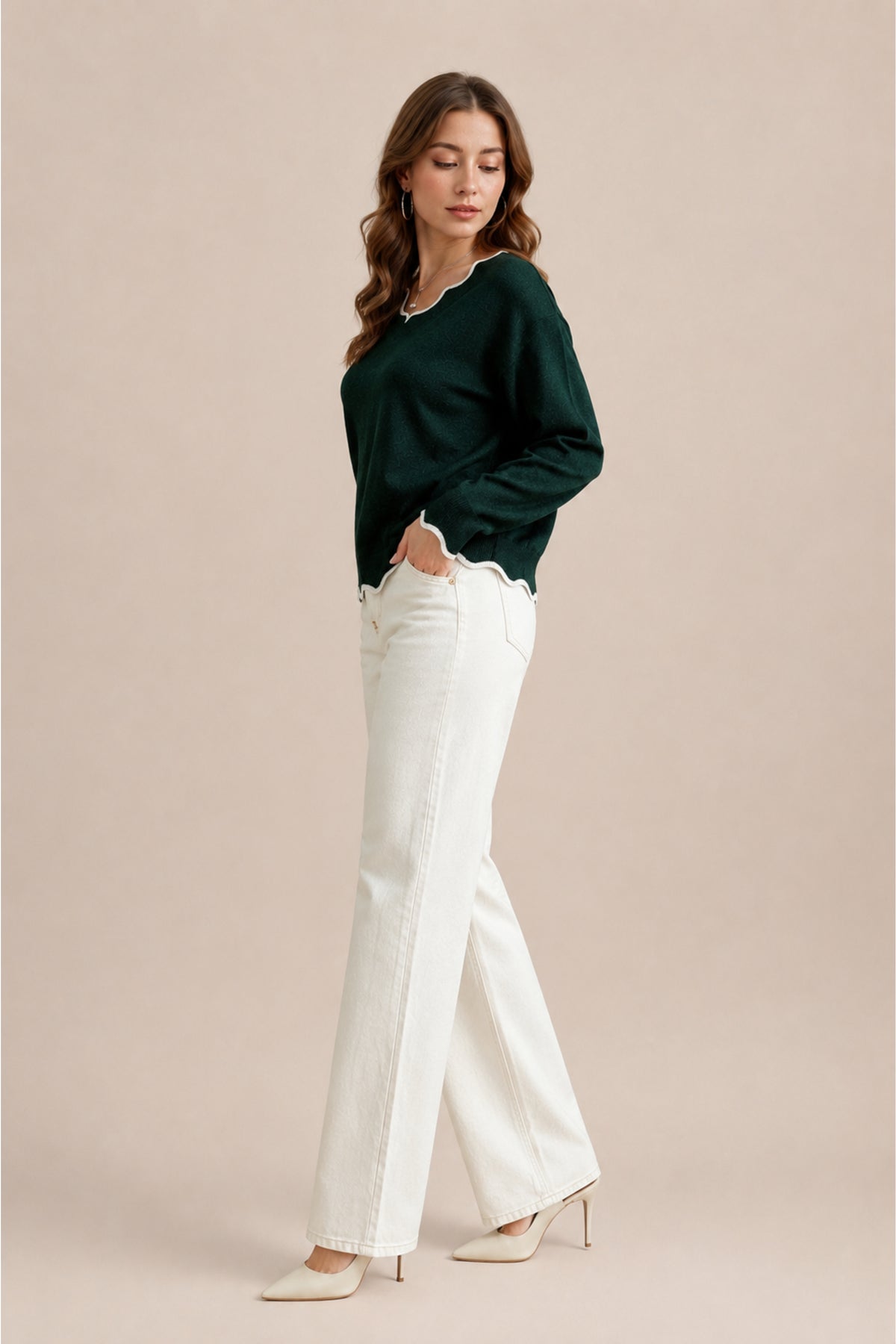 Scallop Trim V Neck Knitted Jumper Soft Winter Sweater Fit
