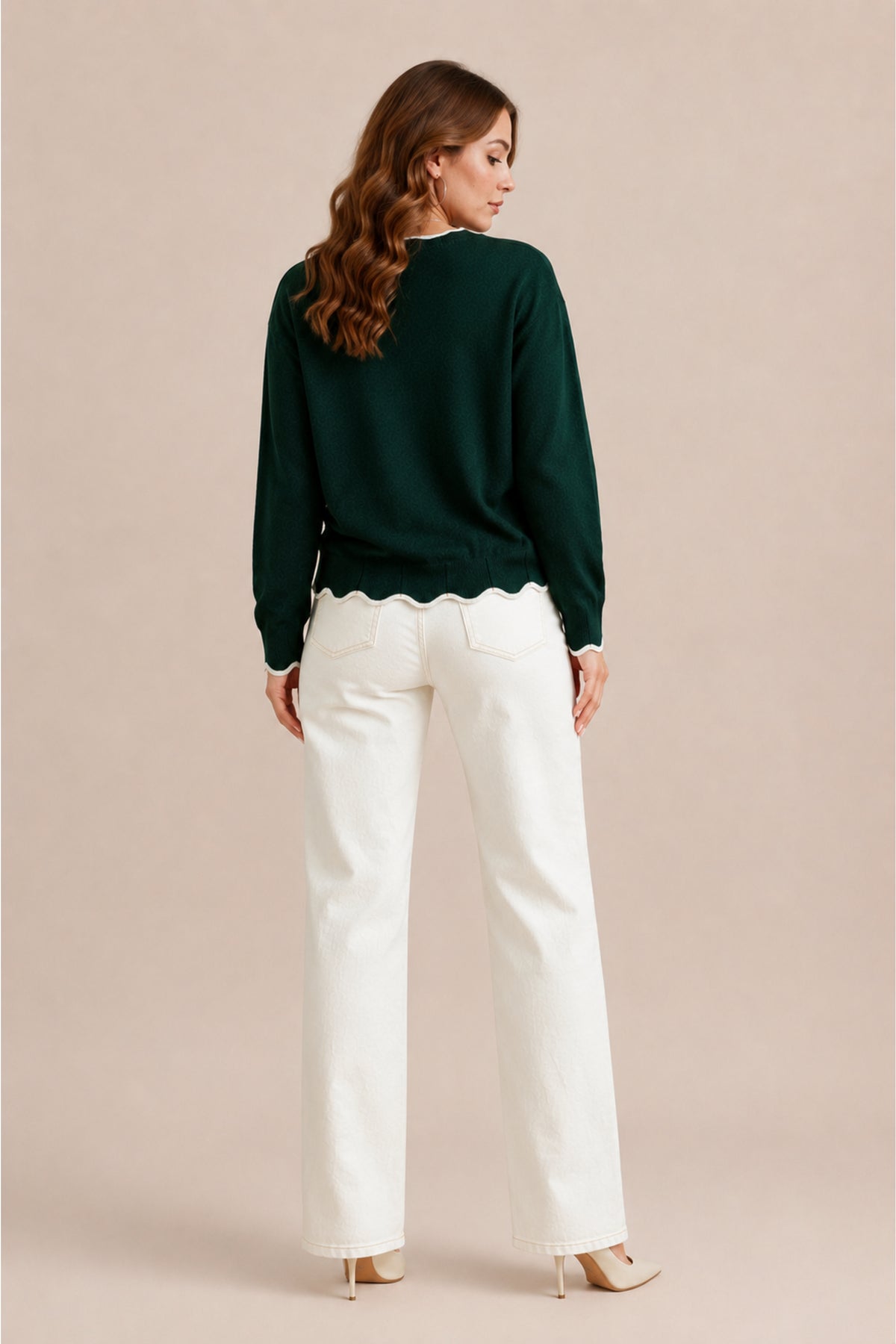 Scallop Trim V Neck Knitted Jumper Soft Winter Sweater Fit