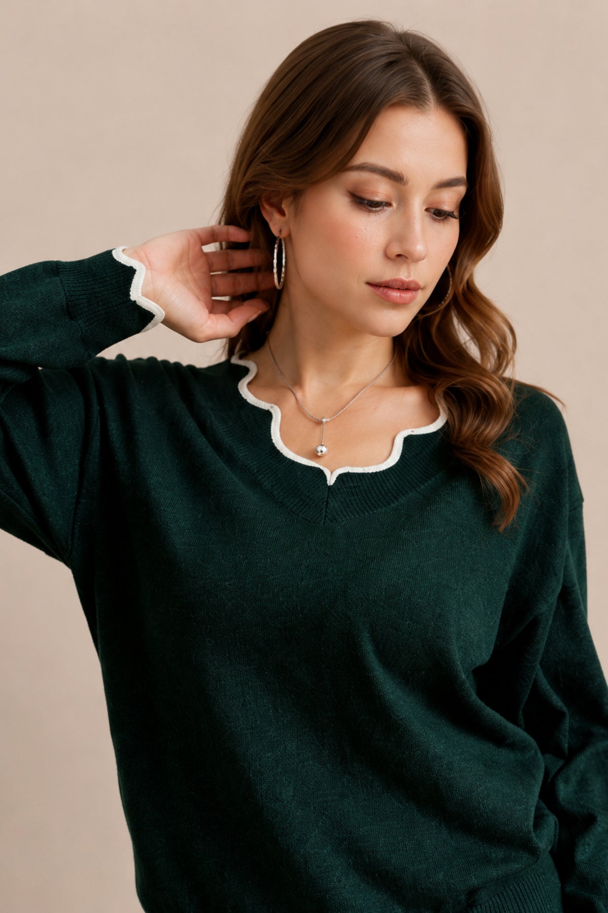 Scallop Trim V Neck Knitted Jumper Soft Winter Sweater Fit