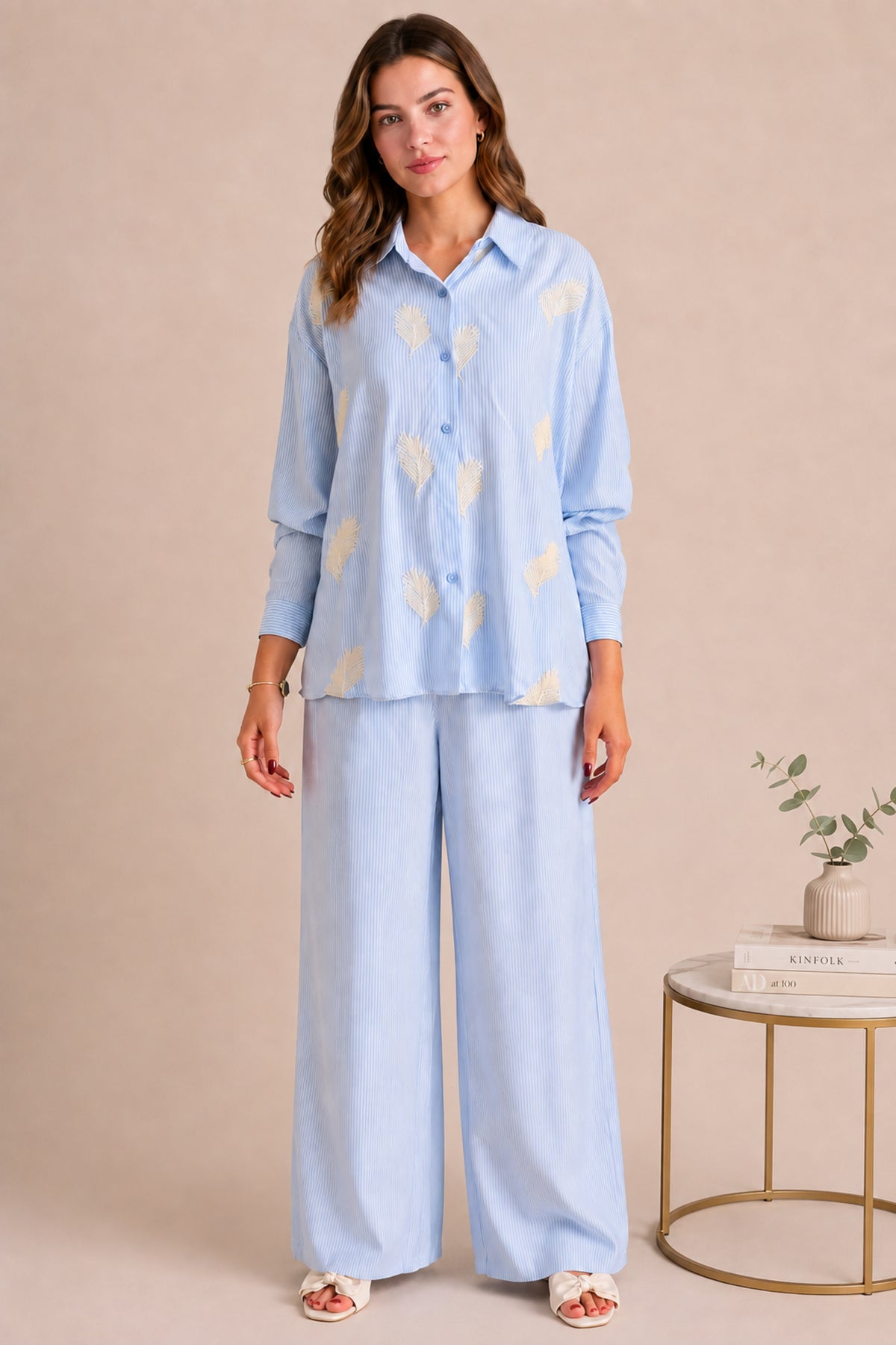 Embroidered Striped Shirt & Wide Leg Trouser Summer Co-ord Set