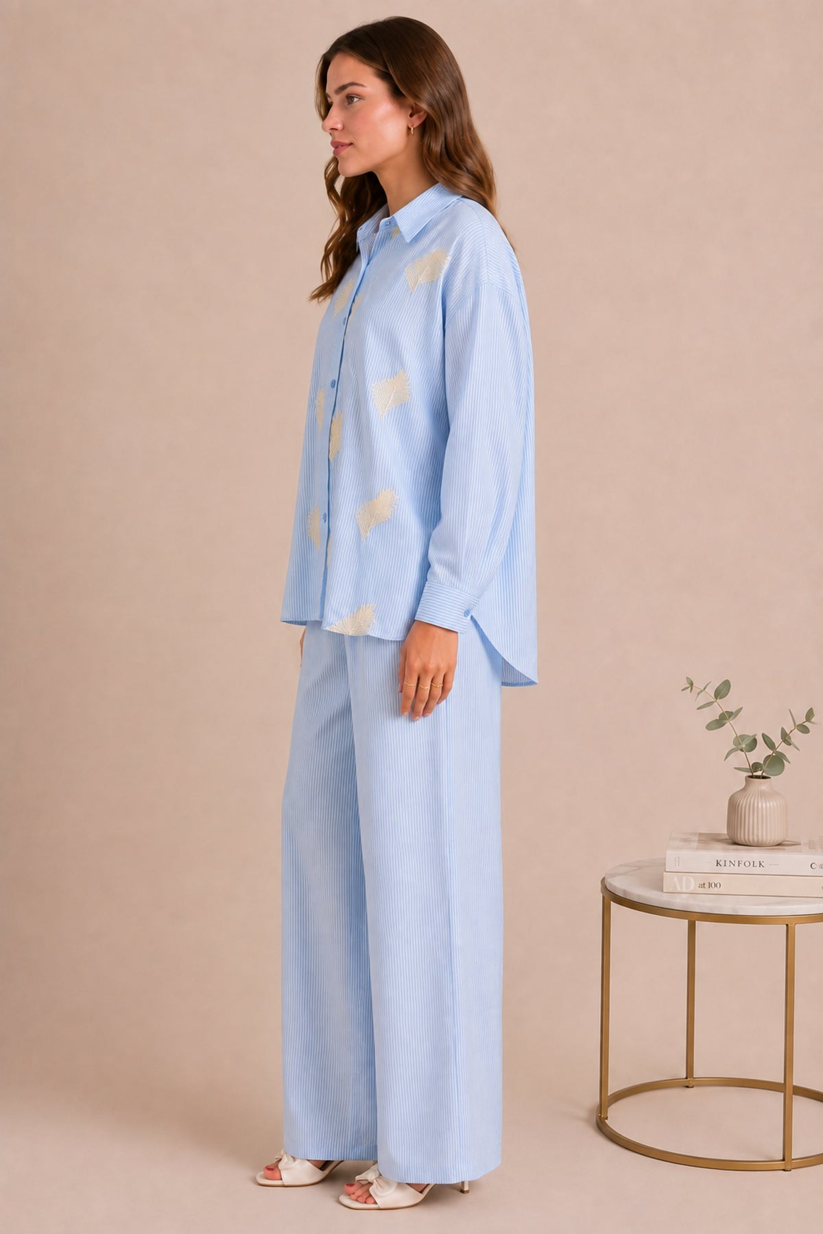 Embroidered Striped Shirt & Wide Leg Trouser Summer Co-ord Set