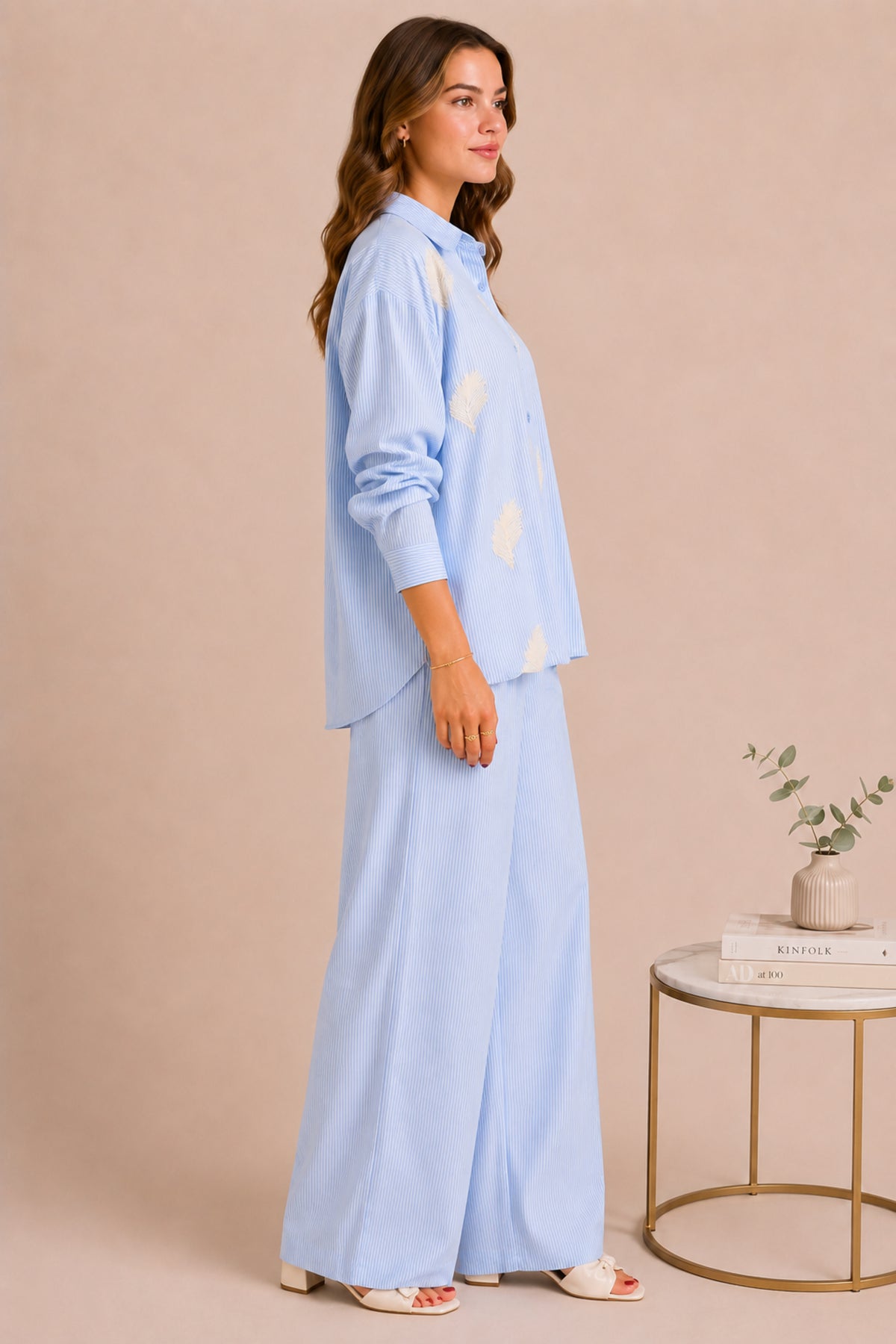 Embroidered Striped Shirt & Wide Leg Trouser Summer Co-ord Set