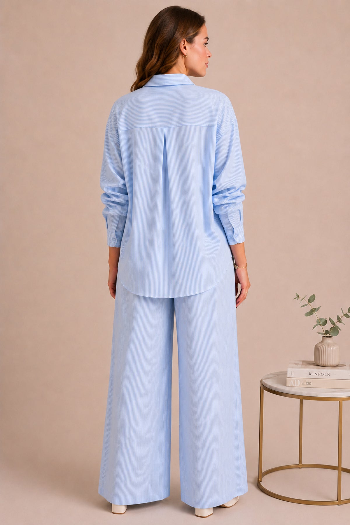 Embroidered Striped Shirt & Wide Leg Trouser Summer Co-ord Set