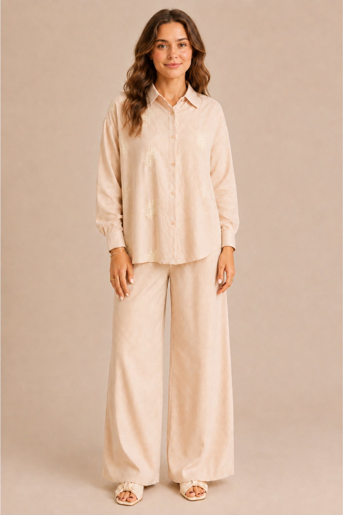 Embroidered Striped Shirt & Wide Leg Trouser Summer Co-ord Set