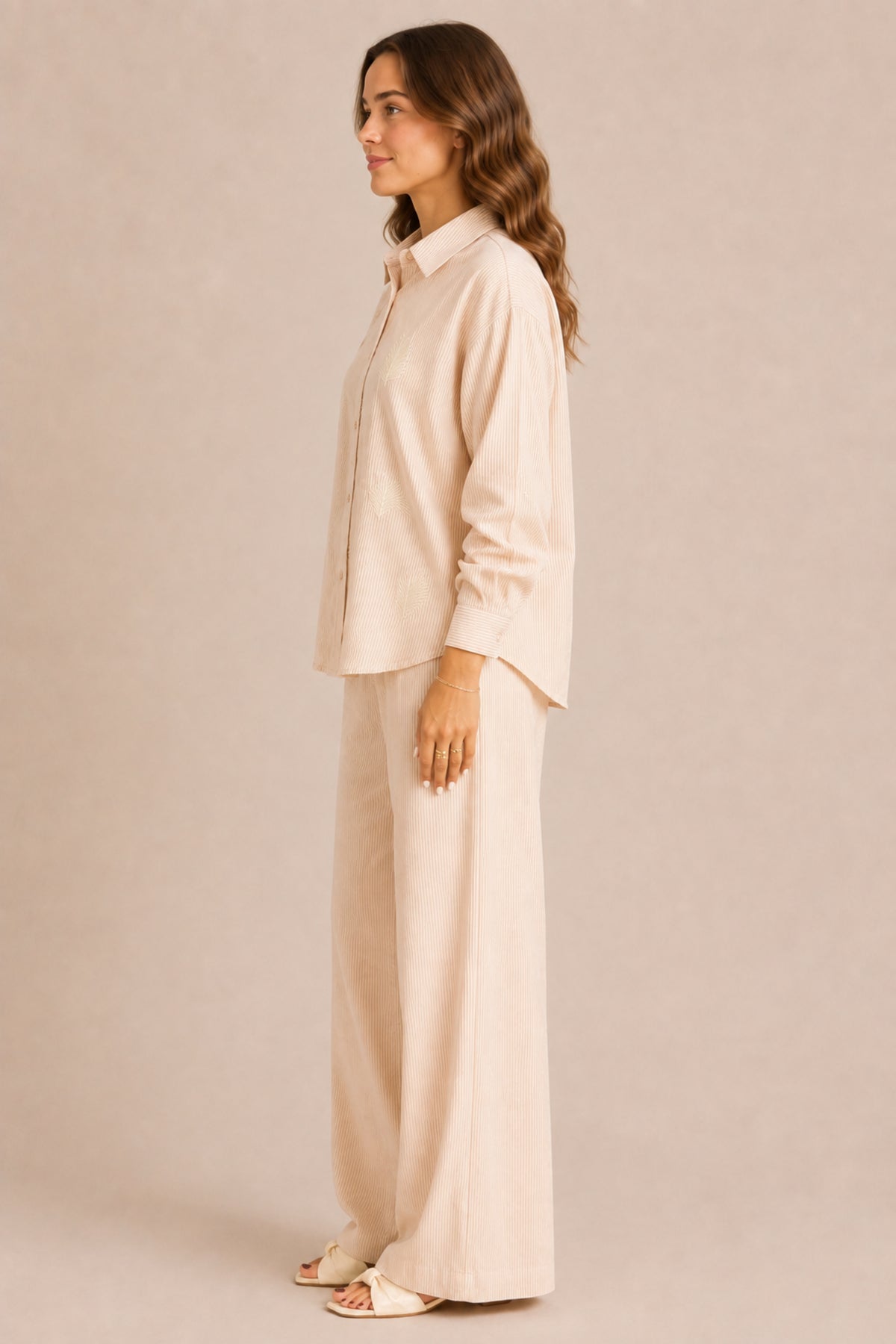 Embroidered Striped Shirt & Wide Leg Trouser Summer Co-ord Set