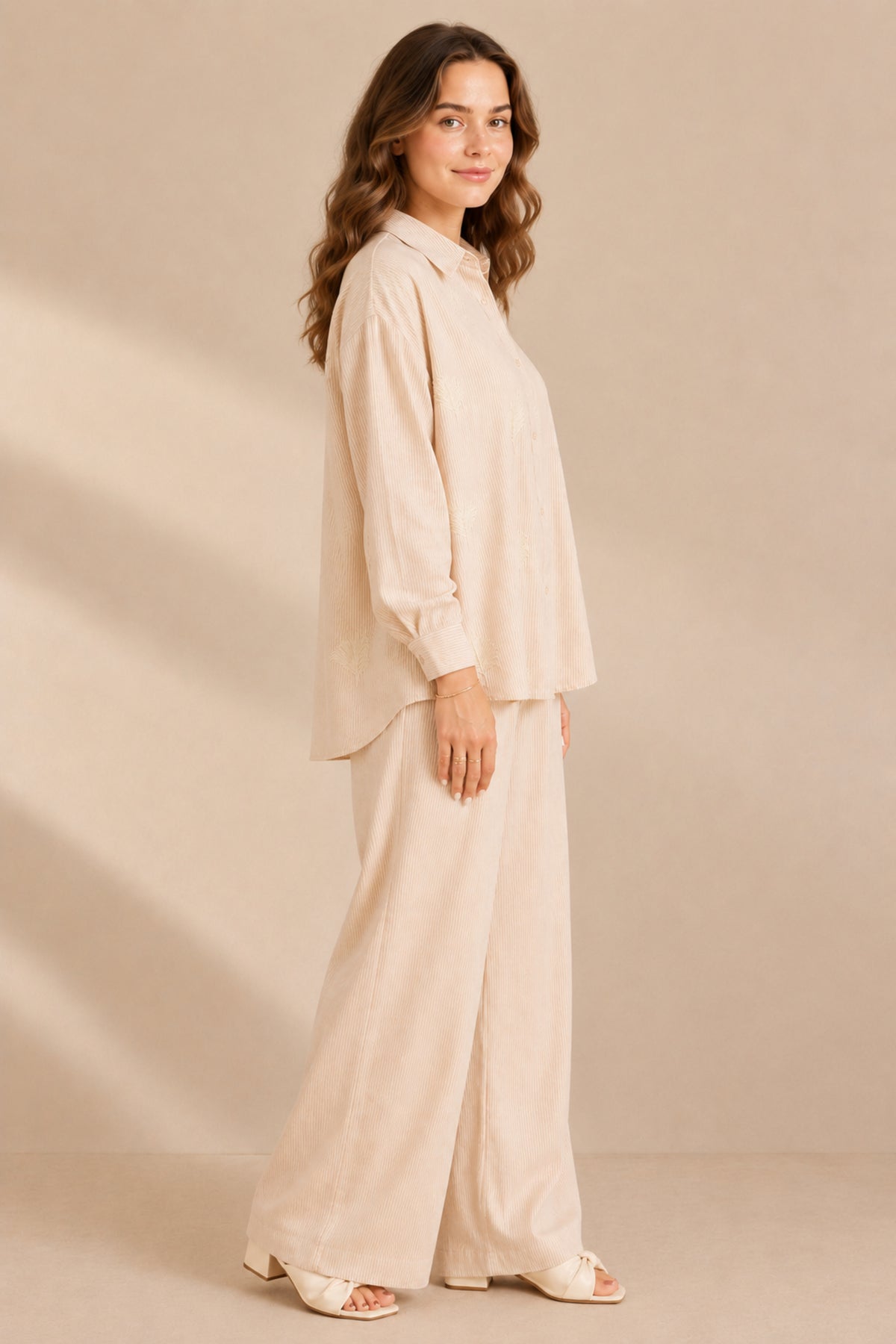 Embroidered Striped Shirt & Wide Leg Trouser Summer Co-ord Set