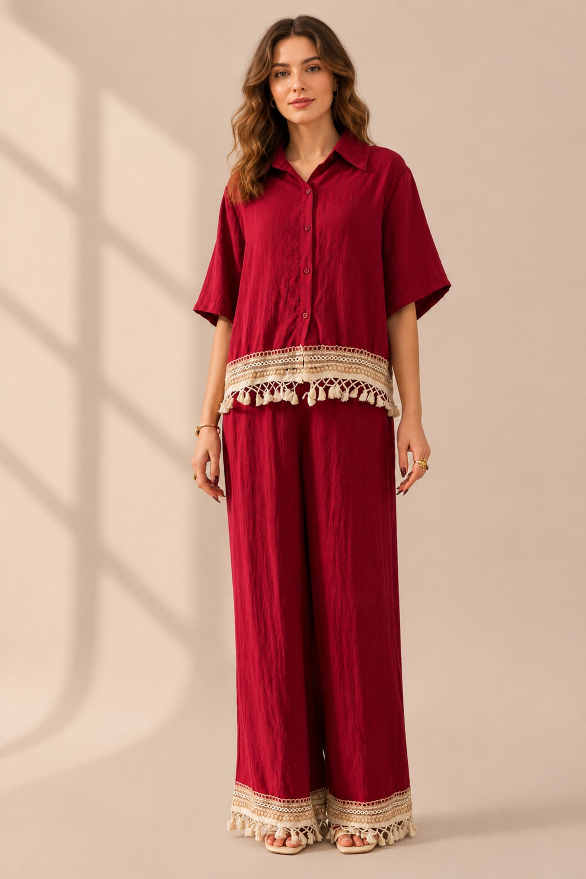 Tassel Trim Co-Ord Set Relaxed Shirt & Wide Leg Trousers