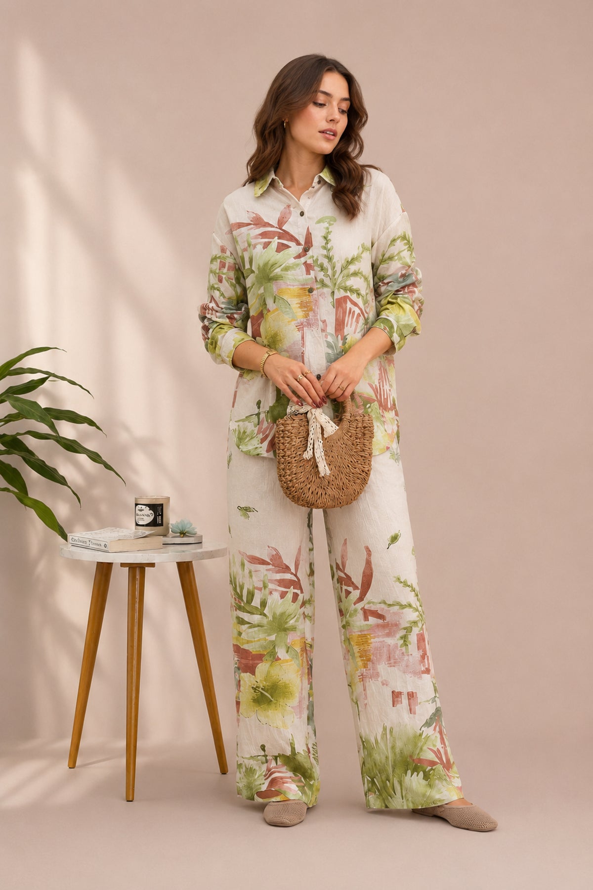 Floral Print Co-Ord Set Relaxed Shirt & Wide Leg Trousers