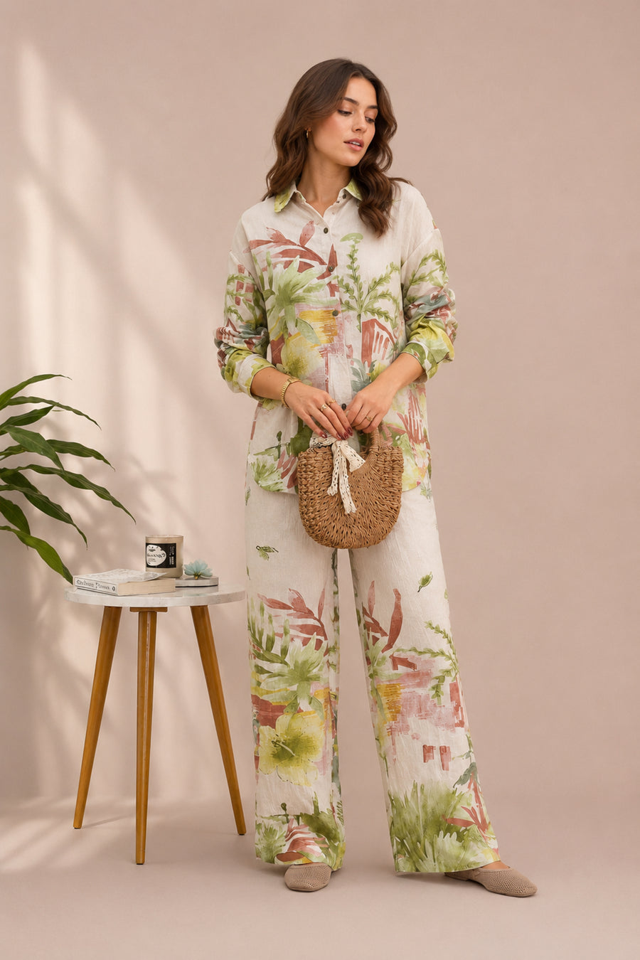 Floral Print Co-Ord Set Relaxed Shirt & Wide Leg Trousers