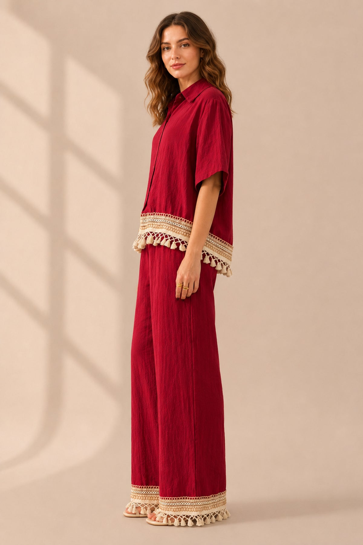 Tassel Trim Co-Ord Set Relaxed Shirt & Wide Leg Trousers