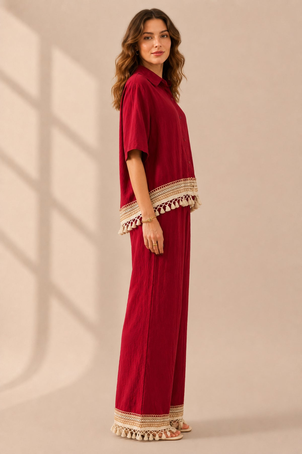 Tassel Trim Co-Ord Set Relaxed Shirt & Wide Leg Trousers