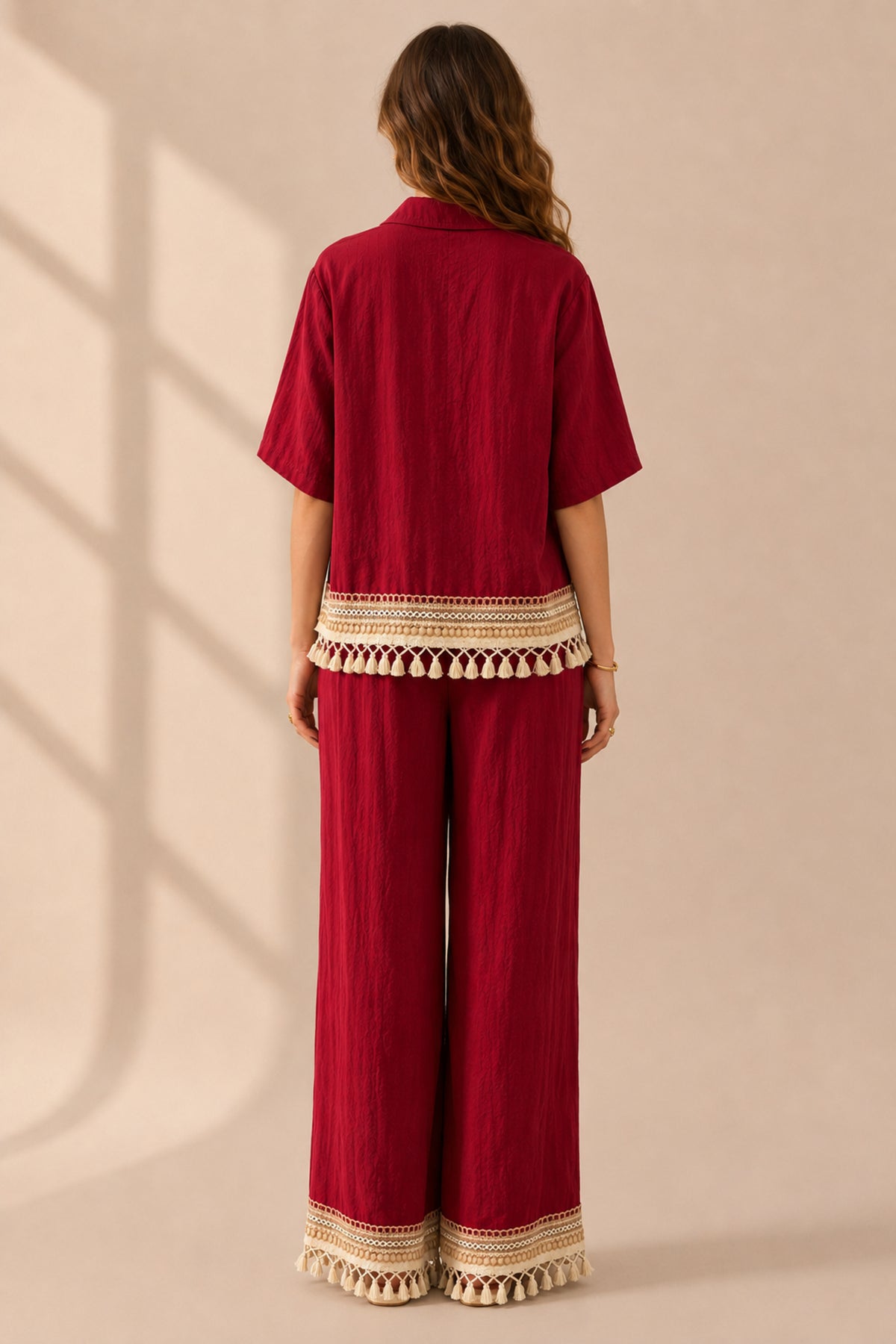 Tassel Trim Co-Ord Set Relaxed Shirt & Wide Leg Trousers