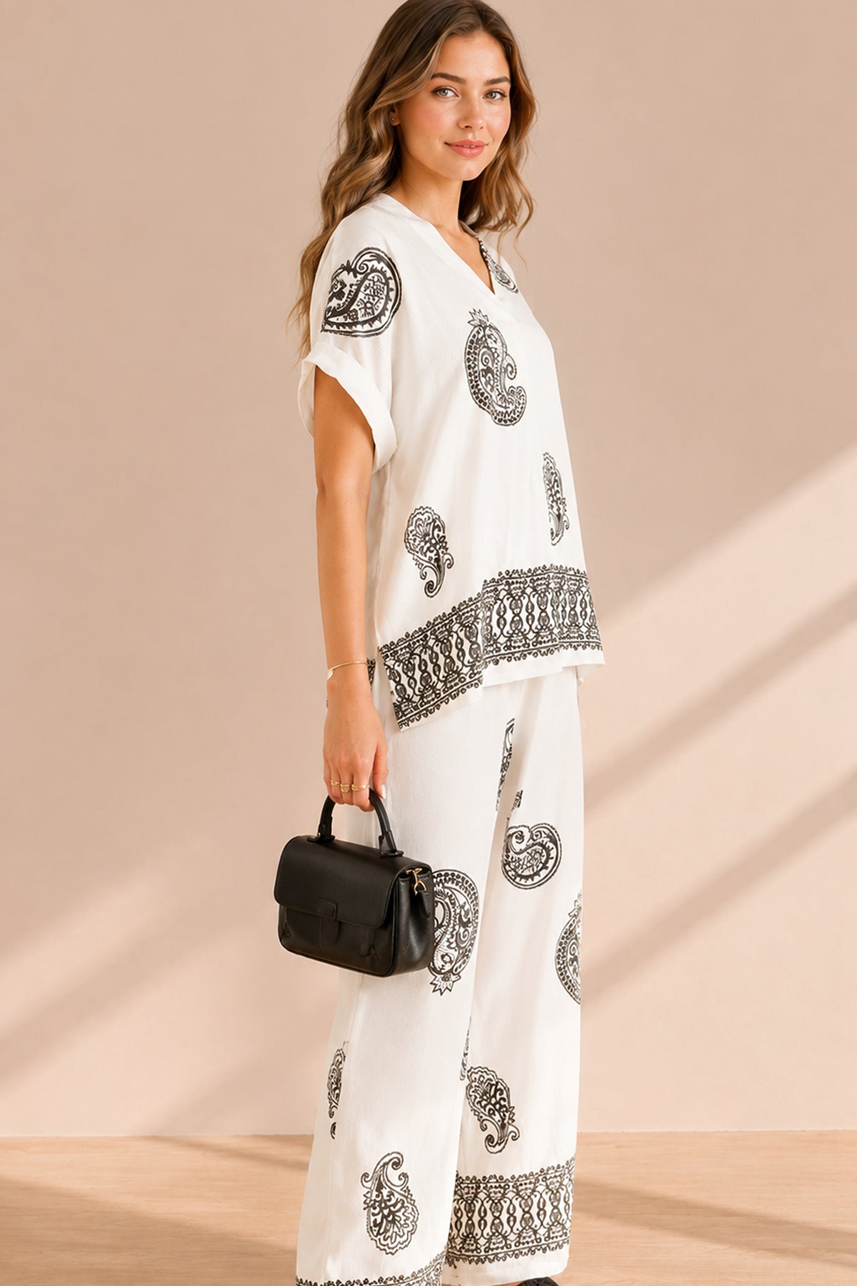 Paisley Print V-Neck Top & Wide Leg Trouser Summer Co-ord Set