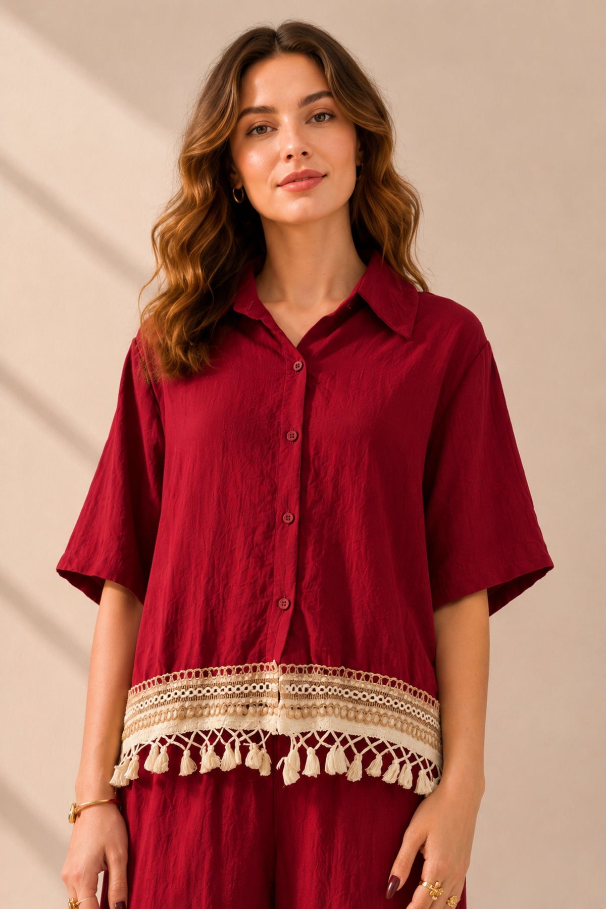 Tassel Trim Co-Ord Set Relaxed Shirt & Wide Leg Trousers