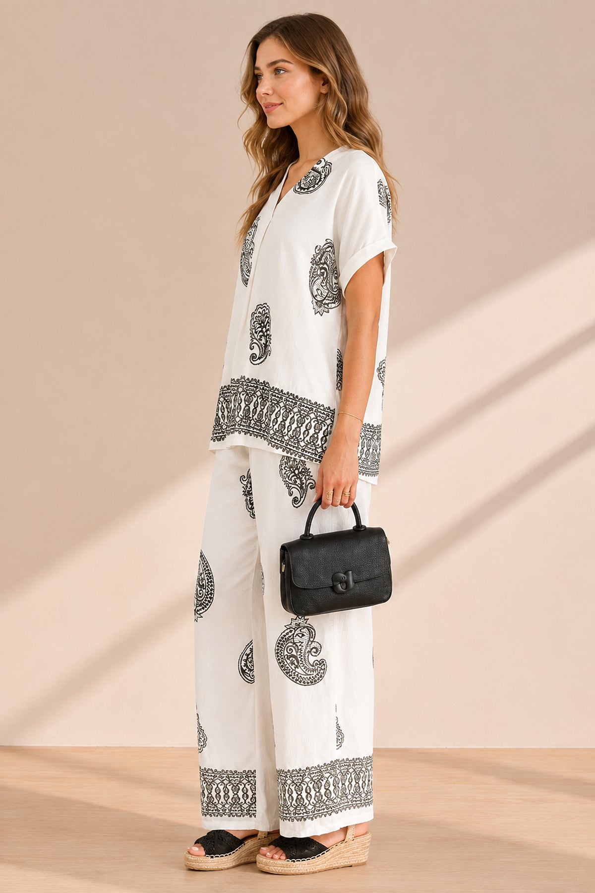 Paisley Print V-Neck Top & Wide Leg Trouser Summer Co-ord Set