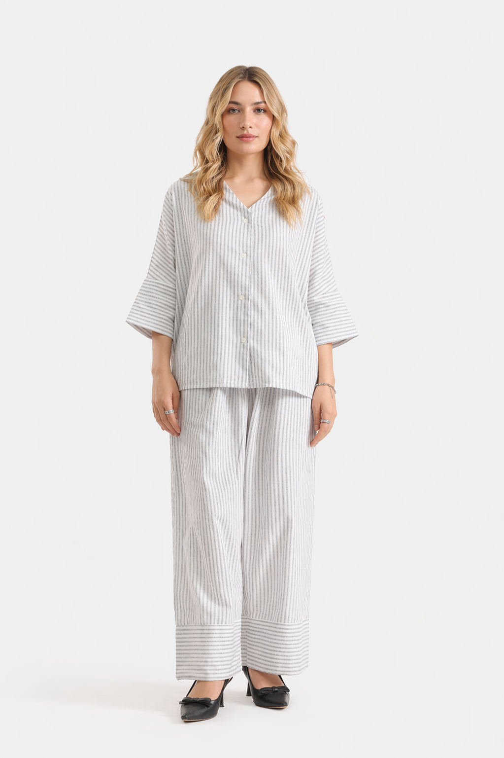 Stripe Cotton V-Neck Top & Wide Leg Trouser Co-ord