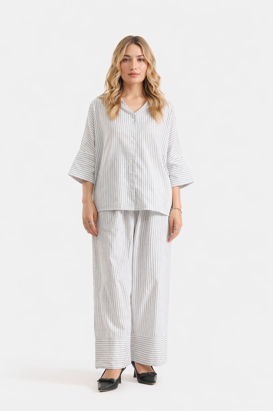 Stripe Cotton V-Neck Top & Wide Leg Trouser Co-ord