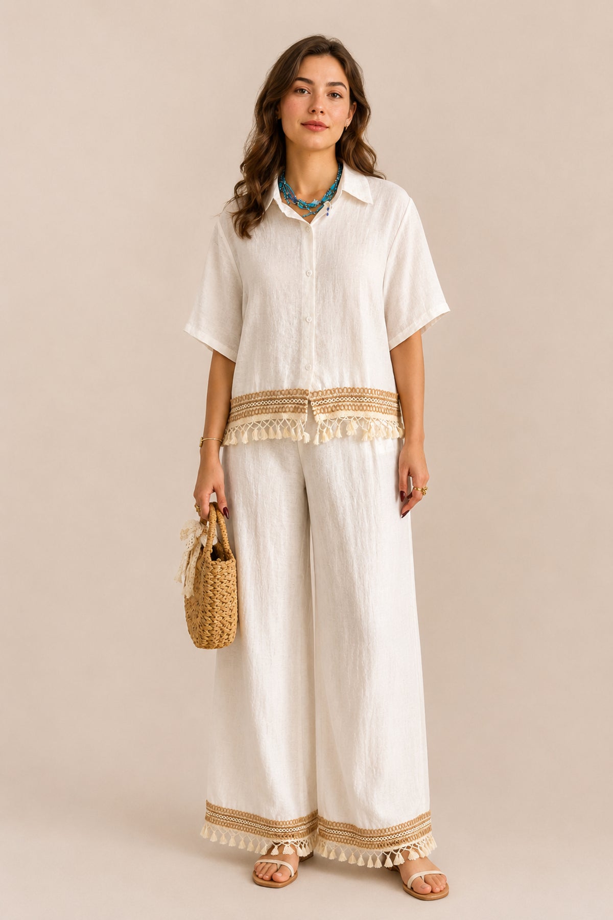 Tassel Trim Co-Ord Set Relaxed Shirt & Wide Leg Trousers
