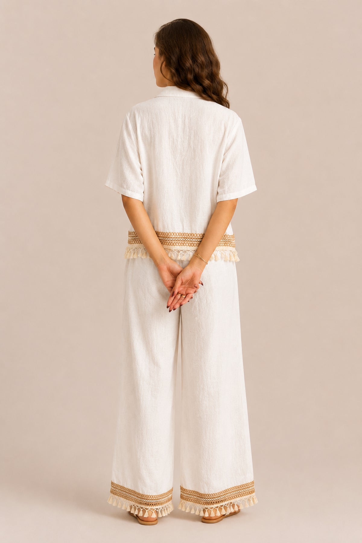 Tassel Trim Co-Ord Set Relaxed Shirt & Wide Leg Trousers