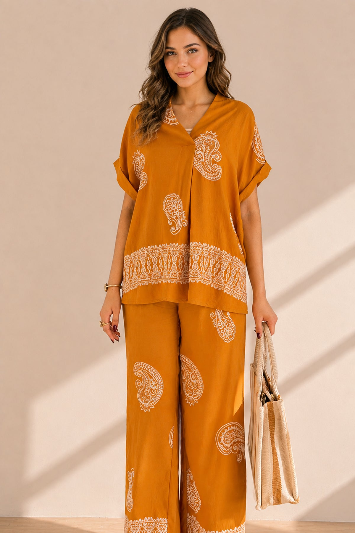 Paisley Print V-Neck Top & Wide Leg Trouser Summer Co-ord Set